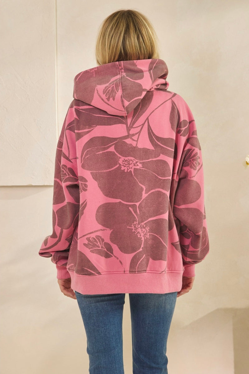 Floral Printed Fleece Hoodie - Pink
