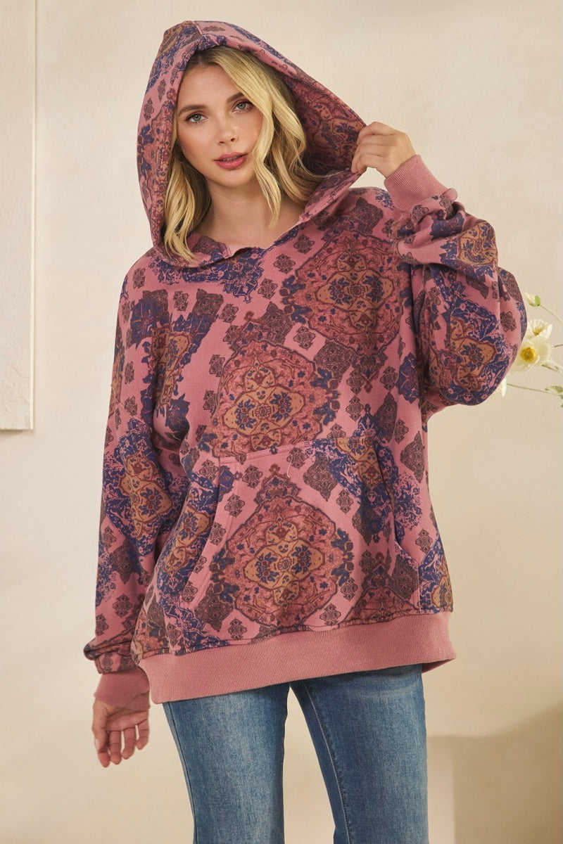 Floral Printed Fleece Hoodie - Mauve