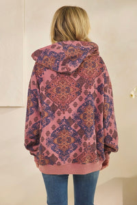 Floral Printed Fleece Hoodie - Mauve