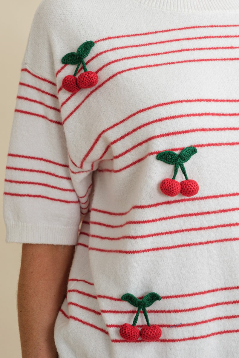 3D Cherry Knit Top White
