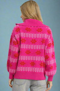 Mixed Jacquard Pullover Sweater - Pink