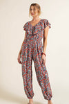 Floral Jumpsuit With Pockets Red