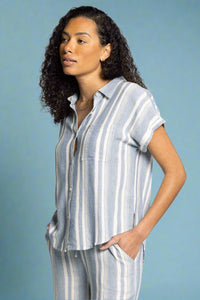 Benny Coastal Striped Button Up Top Blue