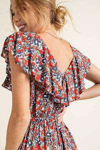 Floral Jumpsuit With Pockets Red