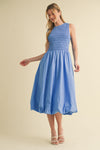 Smocked Bubble Hem Midi Dress - Blue
