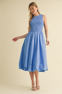Smocked Bubble Hem Midi Dress - Blue