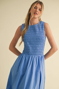 Smocked Bubble Hem Midi Dress - Blue