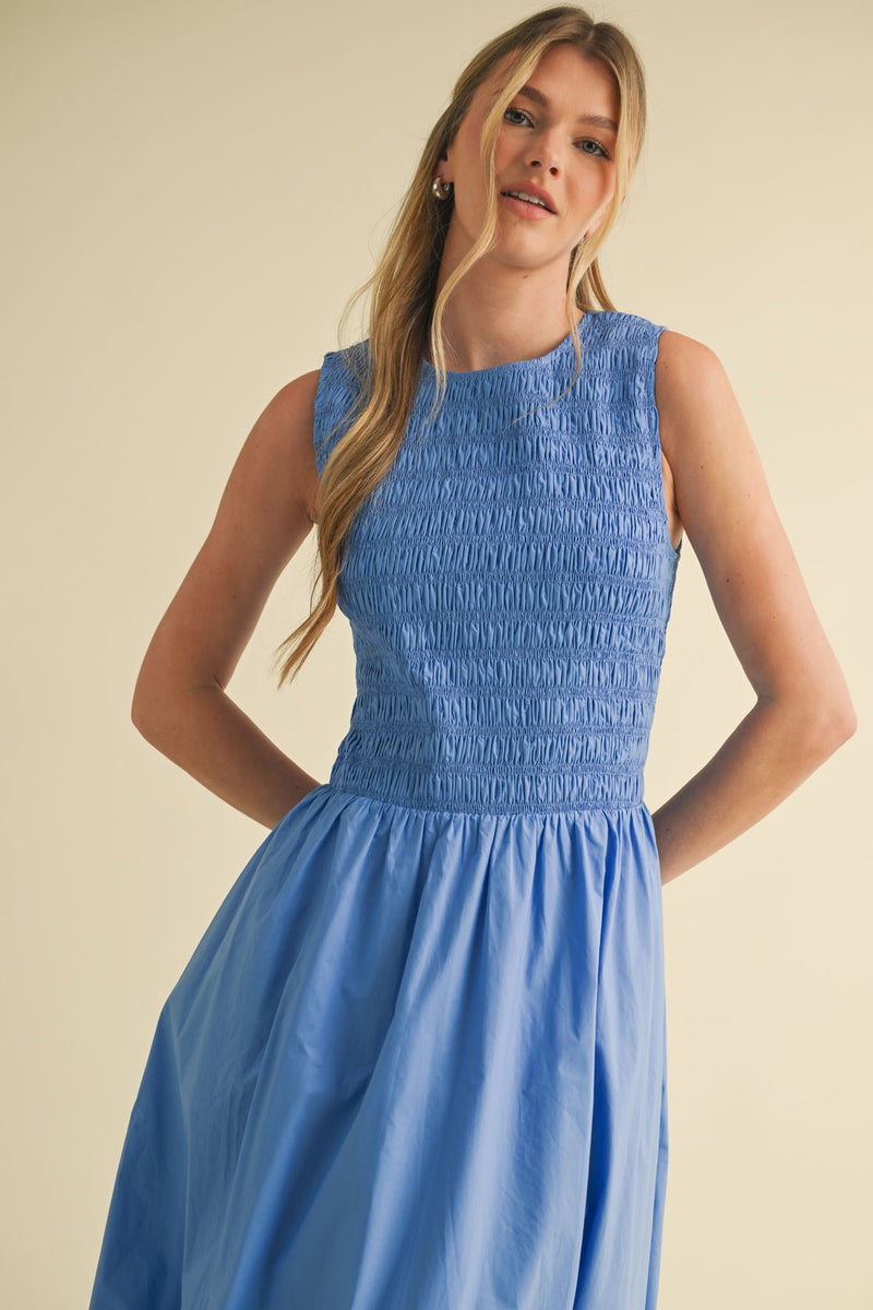 Smocked Bubble Hem Midi Dress - Blue