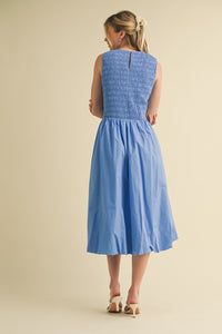 Smocked Bubble Hem Midi Dress - Blue
