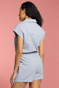 Marina Textured Tie Waist Romper - Blue
