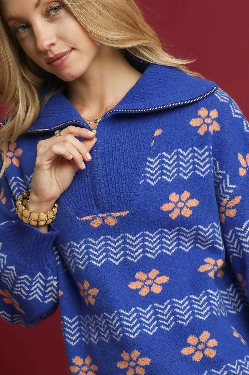 Mixed Jacquard Pullover Sweater - Ocean