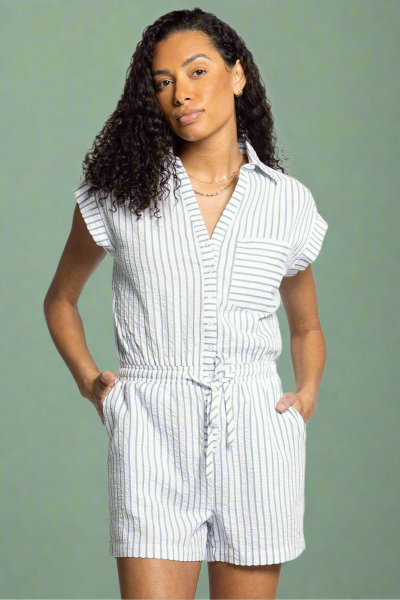 Model is wearing a sage green and white striped romper with collared top and tie waist. 