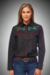 A women’s western style button down shirt with red lining and rose print on collarbone. 