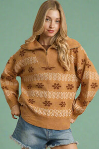 Mixed Jacquard Pullover Sweater - Taupe