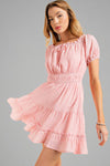 Crinkle Puff Sleeve Dress - Pink