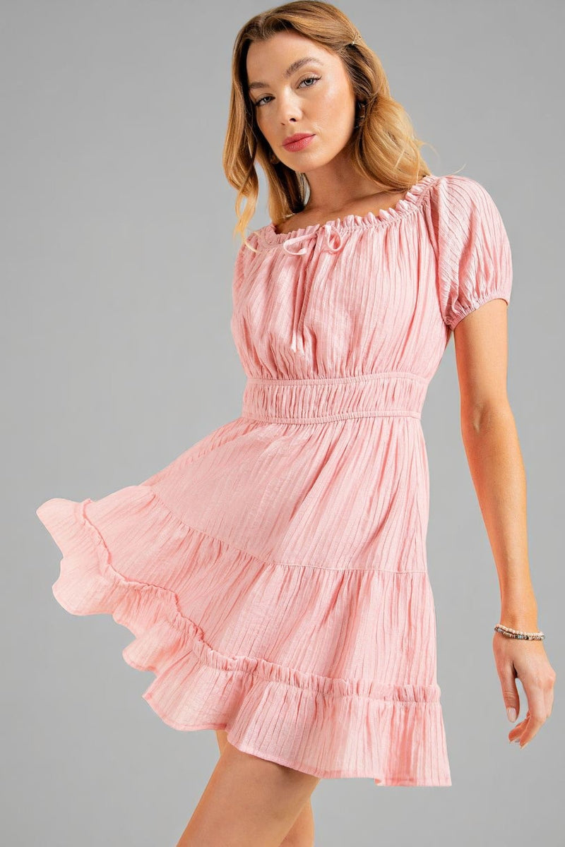 Crinkle Puff Sleeve Dress - Pink