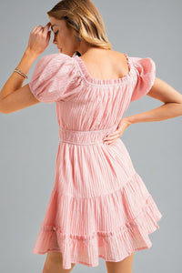 Crinkle Puff Sleeve Dress - Pink