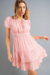 Crinkle Puff Sleeve Dress - Pink