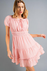 Crinkle Puff Sleeve Dress - Pink