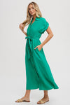 Roll Tab Belted Button Dress Green