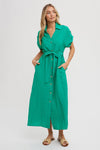 Roll Tab Belted Button Dress Green