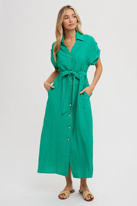 Roll Tab Belted Button Dress Green