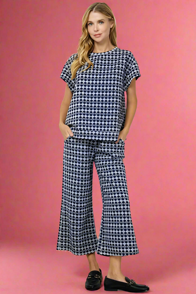 Geometric Wide Leg Pant - Navy