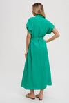 Roll Tab Belted Button Dress Green