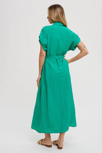 Roll Tab Belted Button Dress Green