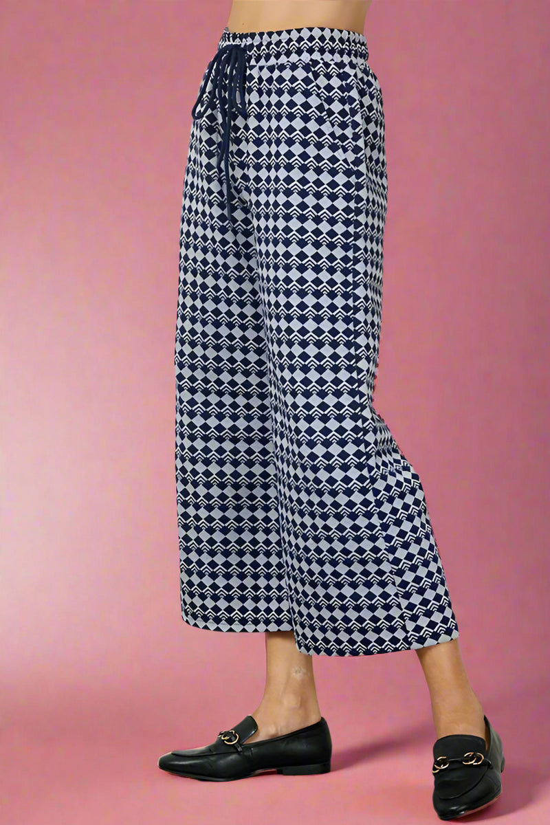 Geometric Wide Leg Pant - Navy