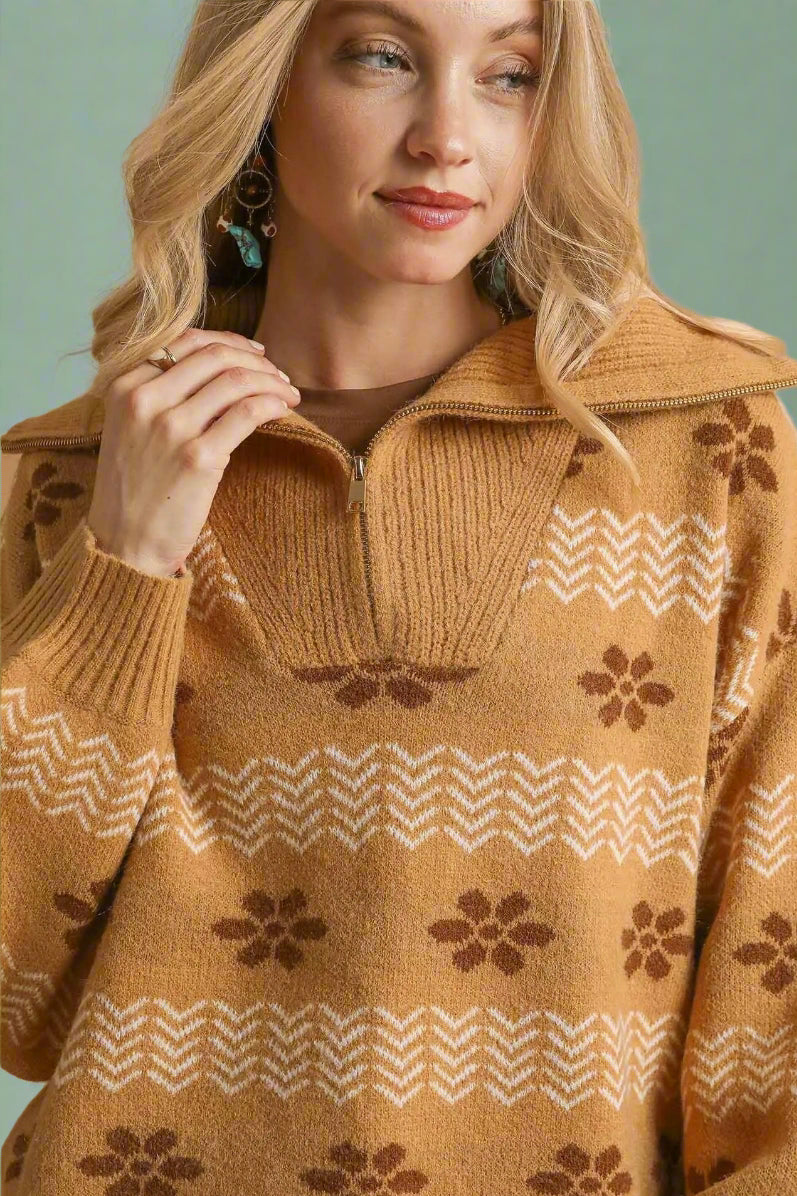 Mixed Jacquard Pullover Sweater - Taupe