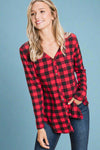 A women’s buttery soft red and black buffalo plaid print long sleeve button front shirt with v-neckline.