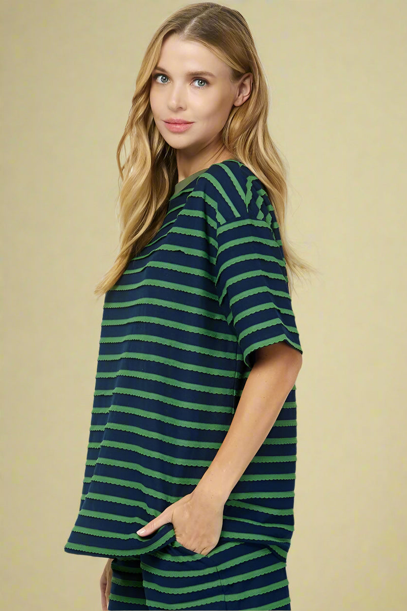 Oversized Scallop Stripe Top - Navy