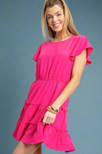 Short Sleeve Ruffle Dress - Hot Pink