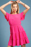 Short Sleeve Ruffle Dress - Hot Pink