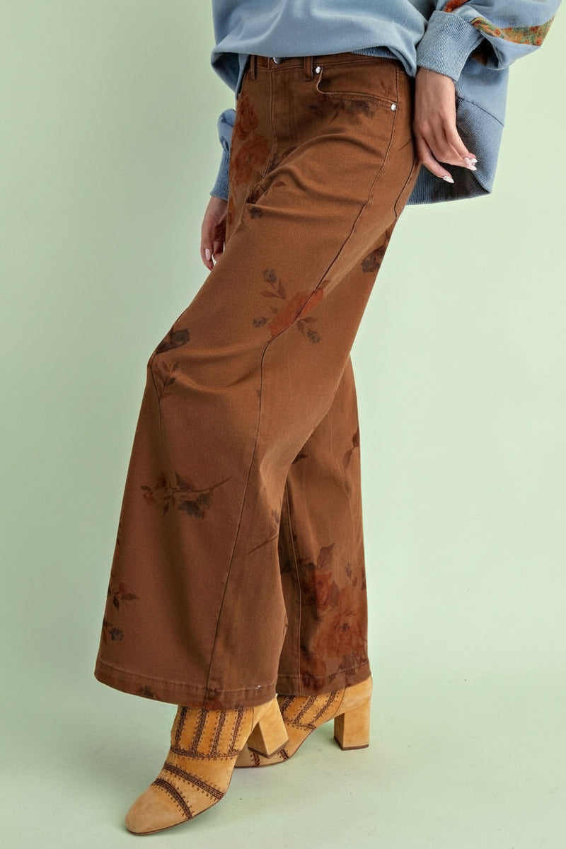 Flower Print Stretch Pants - Mocha