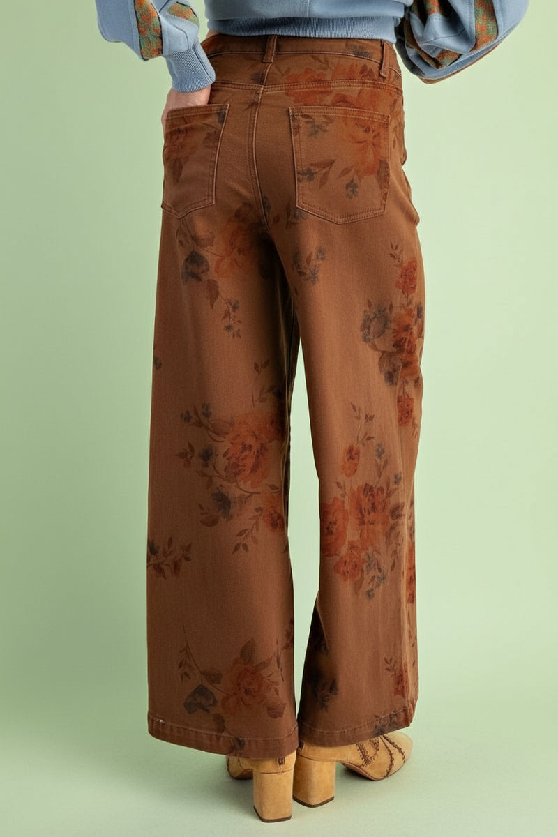 Flower Print Stretch Pants - Mocha