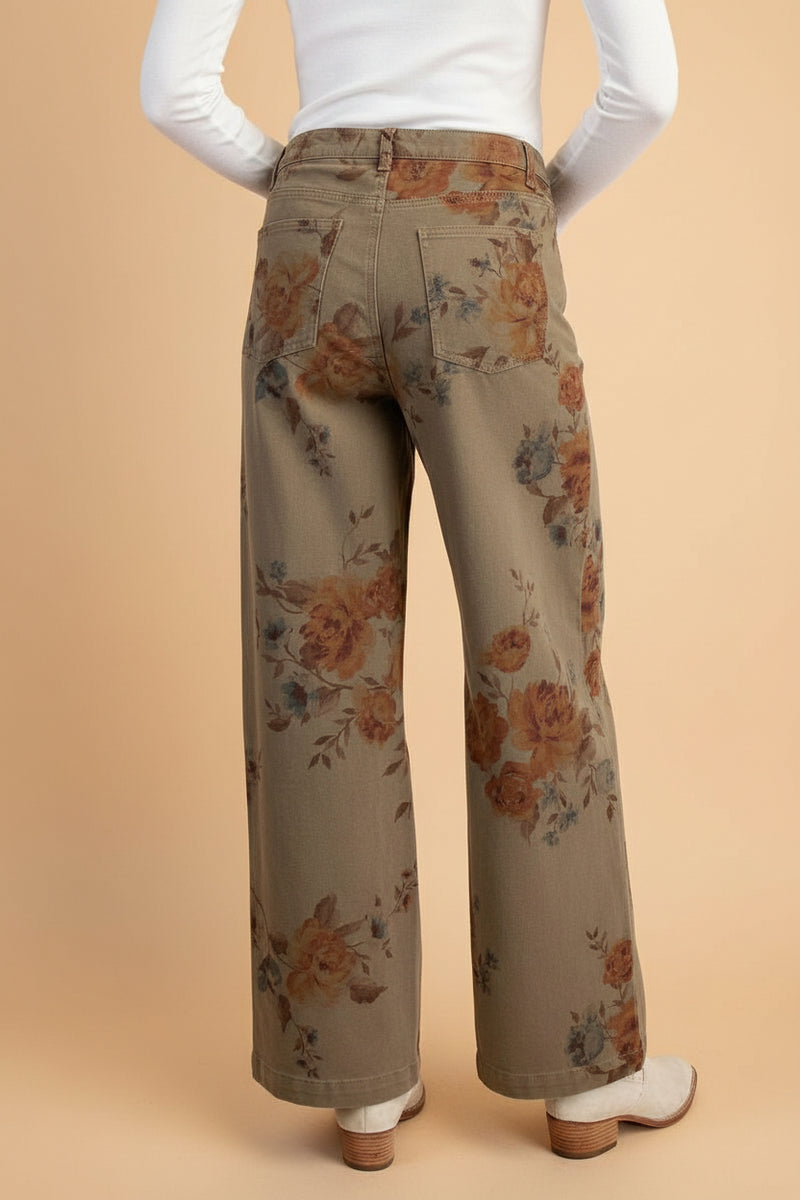 Flower Print Stretch Pants - Olive