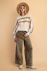 Flower Print Stretch Pants - Olive