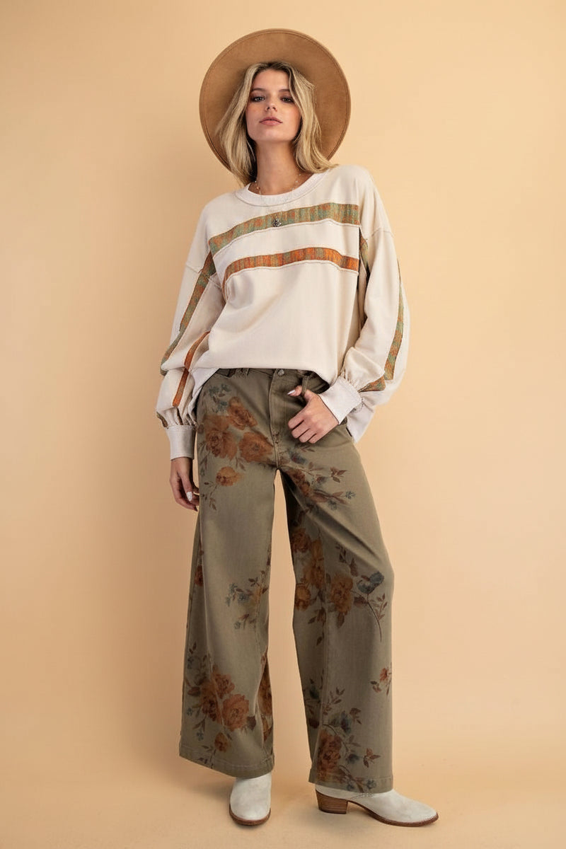 Flower Print Stretch Pants - Olive