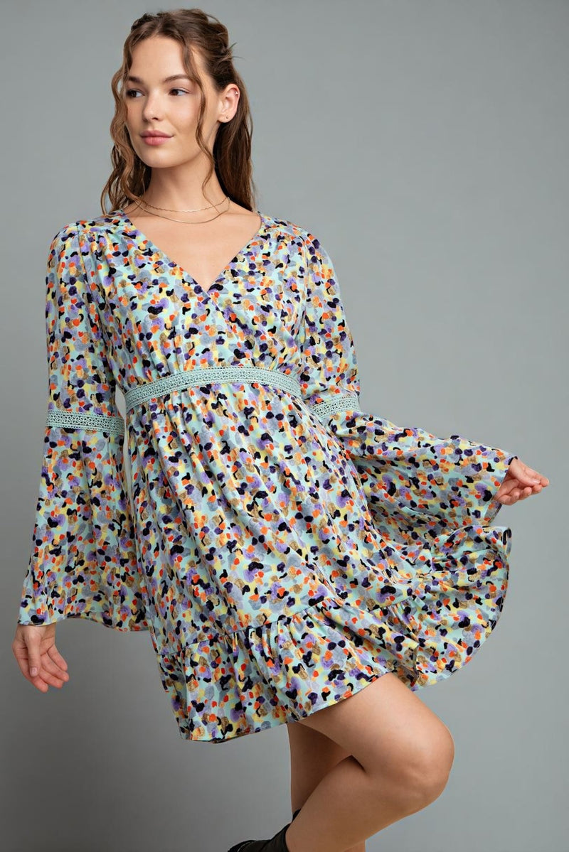 Lace Trim V-Neck Dress - Sage