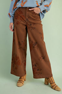 Flower Print Stretch Pants - Mocha
