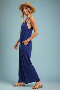 Ruffled Neckline Jumpsuit Blue