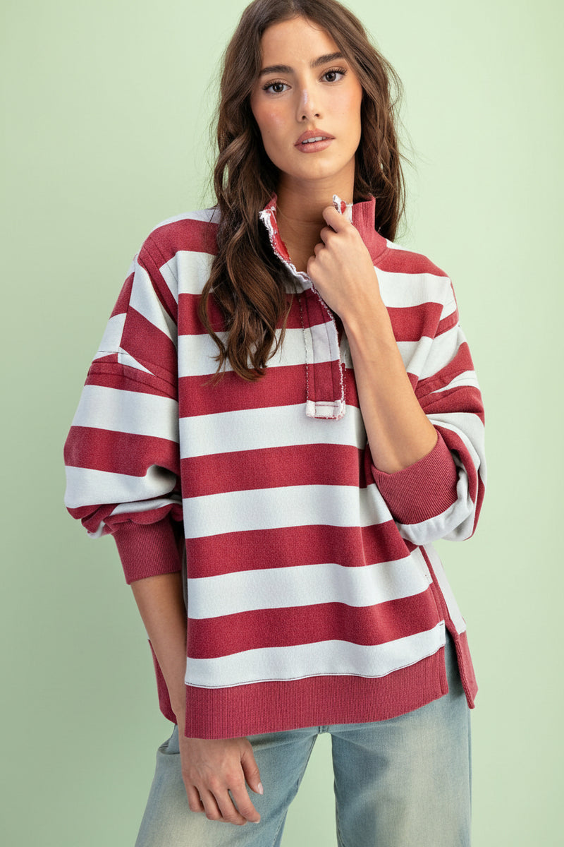 Rugby Stripe Tery Pullover - Burgundy