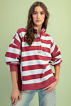 Rugby Stripe Tery Pullover - Burgundy