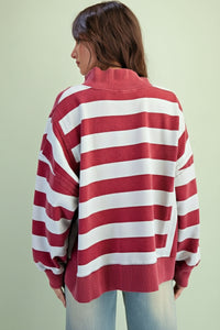 Rugby Stripe Tery Pullover - Burgundy