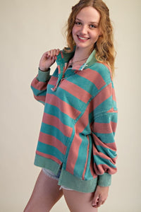 Rugby Stripe Tery Pullover - Jade
