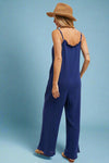 Ruffled Neckline Jumpsuit Blue