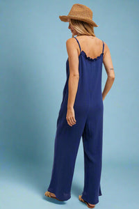 Ruffled Neckline Jumpsuit Blue