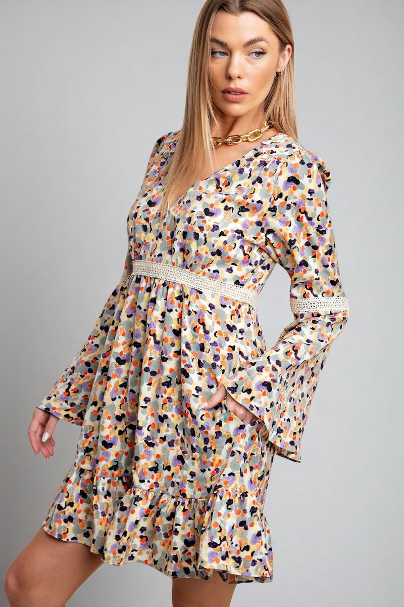 Lace Trim V-Neck Dress - Cream